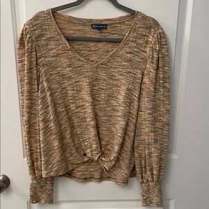 Democracy Multi-Tone Tan V-Neck Twist Hem Long Sleeve Top